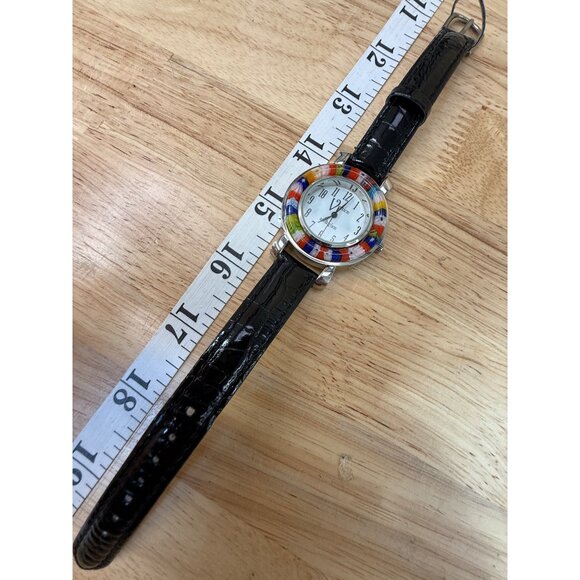 Venice Art Glass Watch With Multicolor Bezel & Black Leather Strap NOT TESTED - Picture 7 of 13